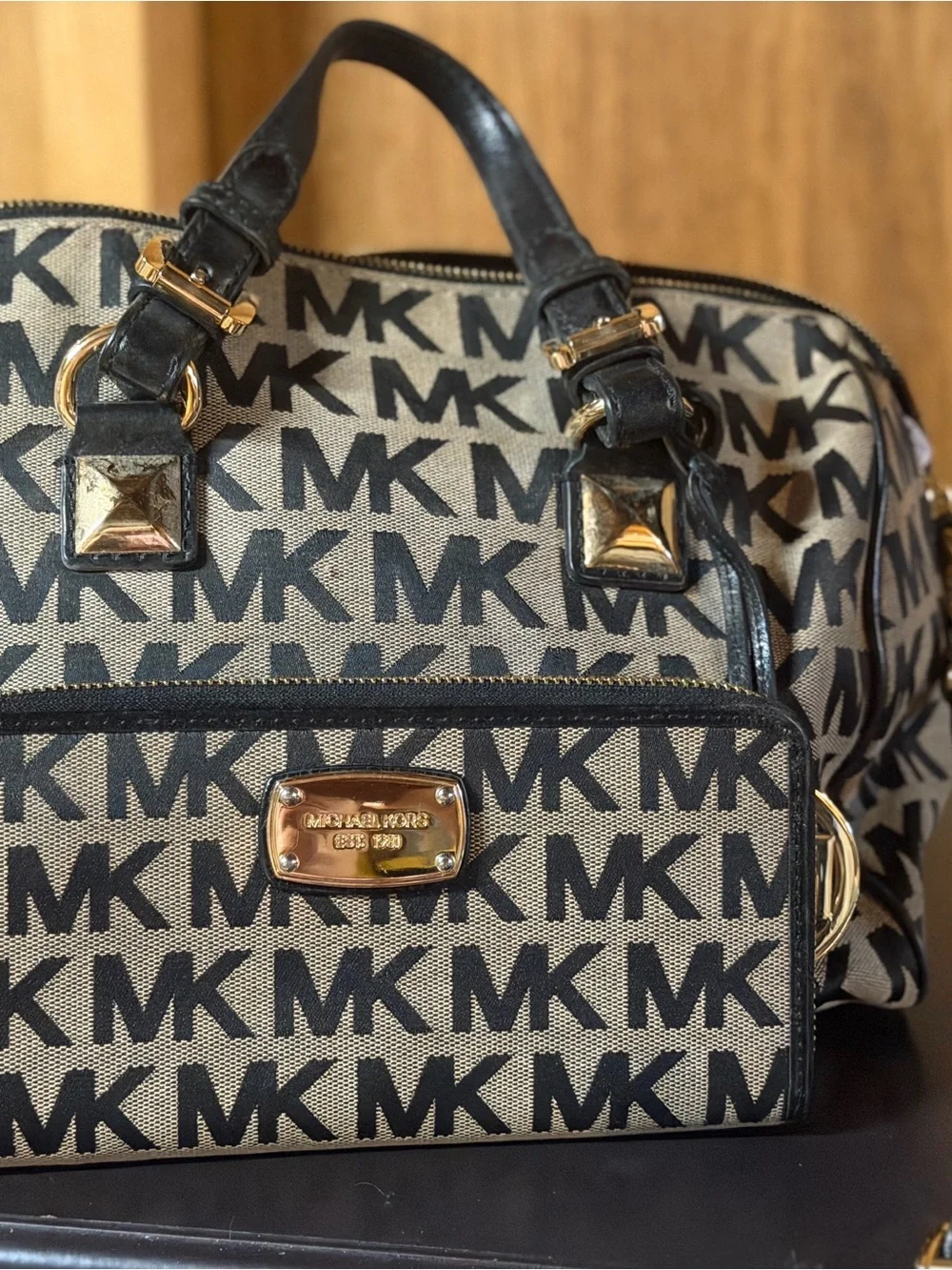 Michael Kors Black and Beige MK Logo Satchel with Gold Hardware
